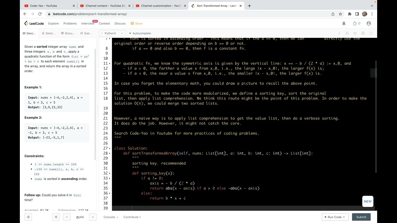 leetcode 360. Sort Transformed Array - full analysis: using sorting key or merge two sorted lists
