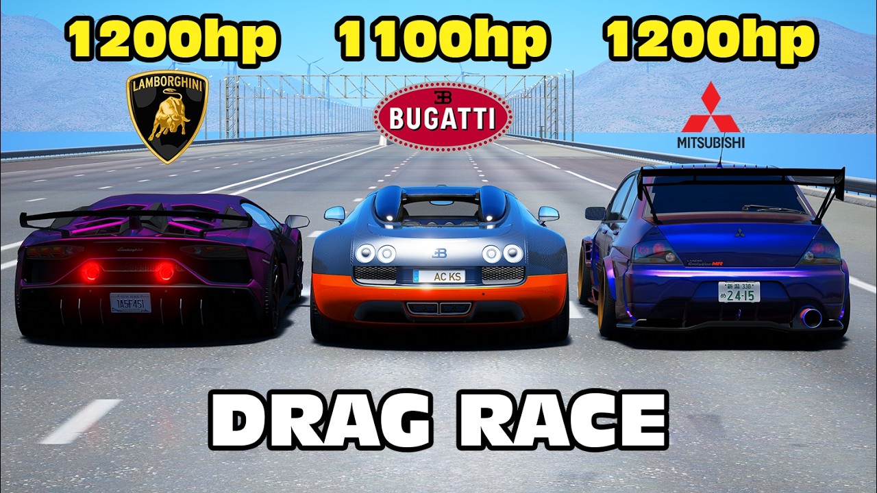 1200-сильный Mitsubishi Evo против Bugatti Veyron против Lamborghini Aventador SVJ: DRAG RACE