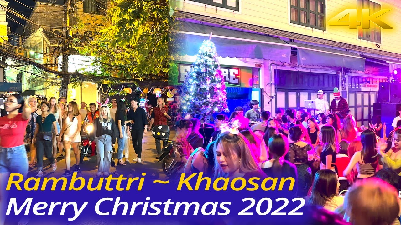 4K HDR 🇹🇭Rambuttri Road ~ Khaosan Road, Christmas Bangkok - เดิน กรุงเทพฯ ล่าสุด Thailand