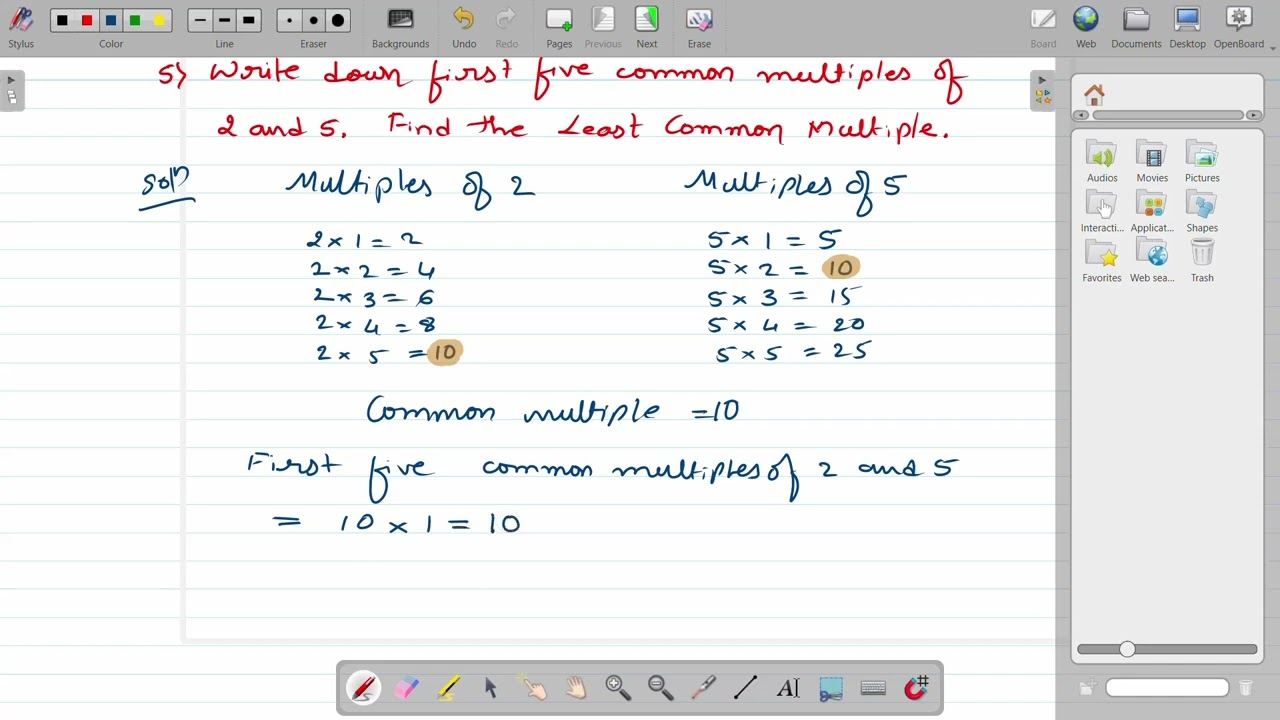 Finding of first five common multiples and Least Common multiple LCM for grade 4