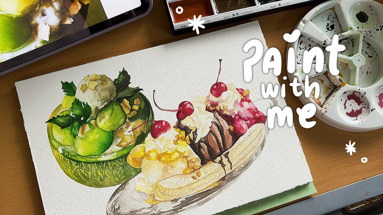 Paint with me using watercolors, dessert food illustration 🍧🍈 || art vlog