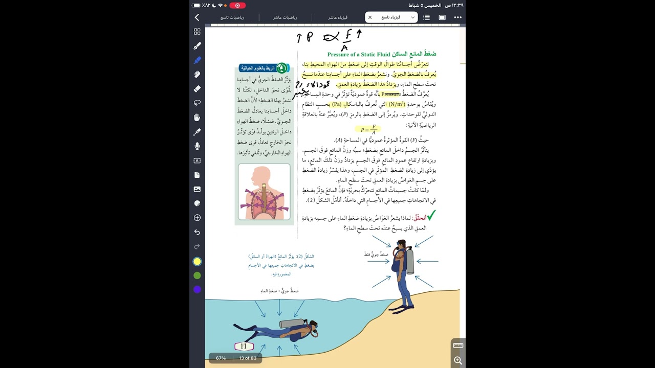 فيزياء الصف التاسع ( الدرس الاول : المائع الساكن)