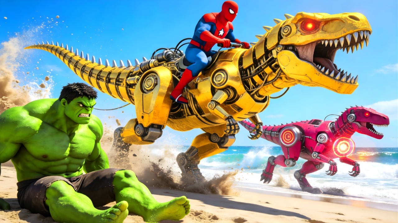 SPIDER-MAN against DINOSAURS vs Superheroes on Motorcycle in RAINBOW SPIDERS BRIDGE l GTA MULTIVERSE