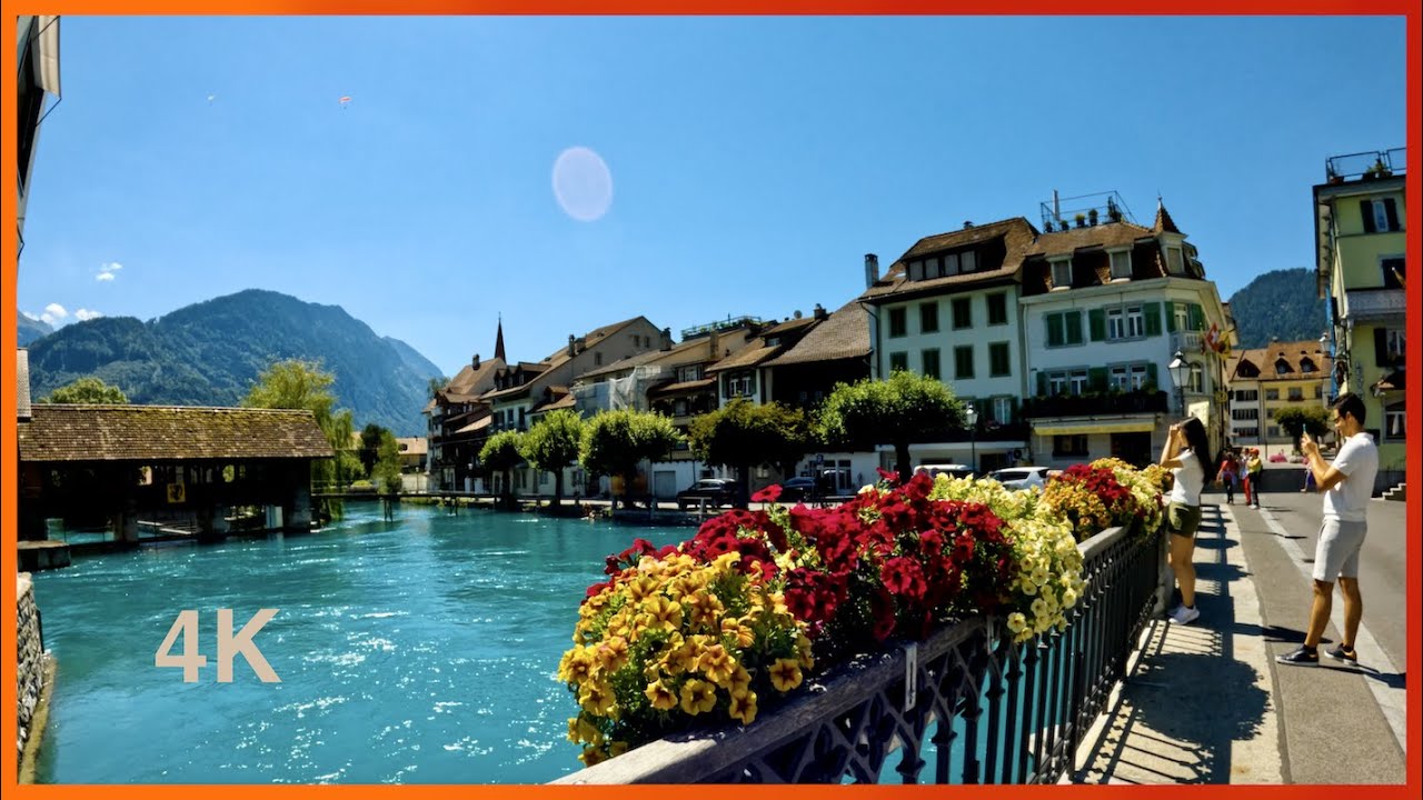 4K  |  Walking in Interlaken Switzerland Alongside River |  Sunny Day  |  City Ambience  |  ASMR