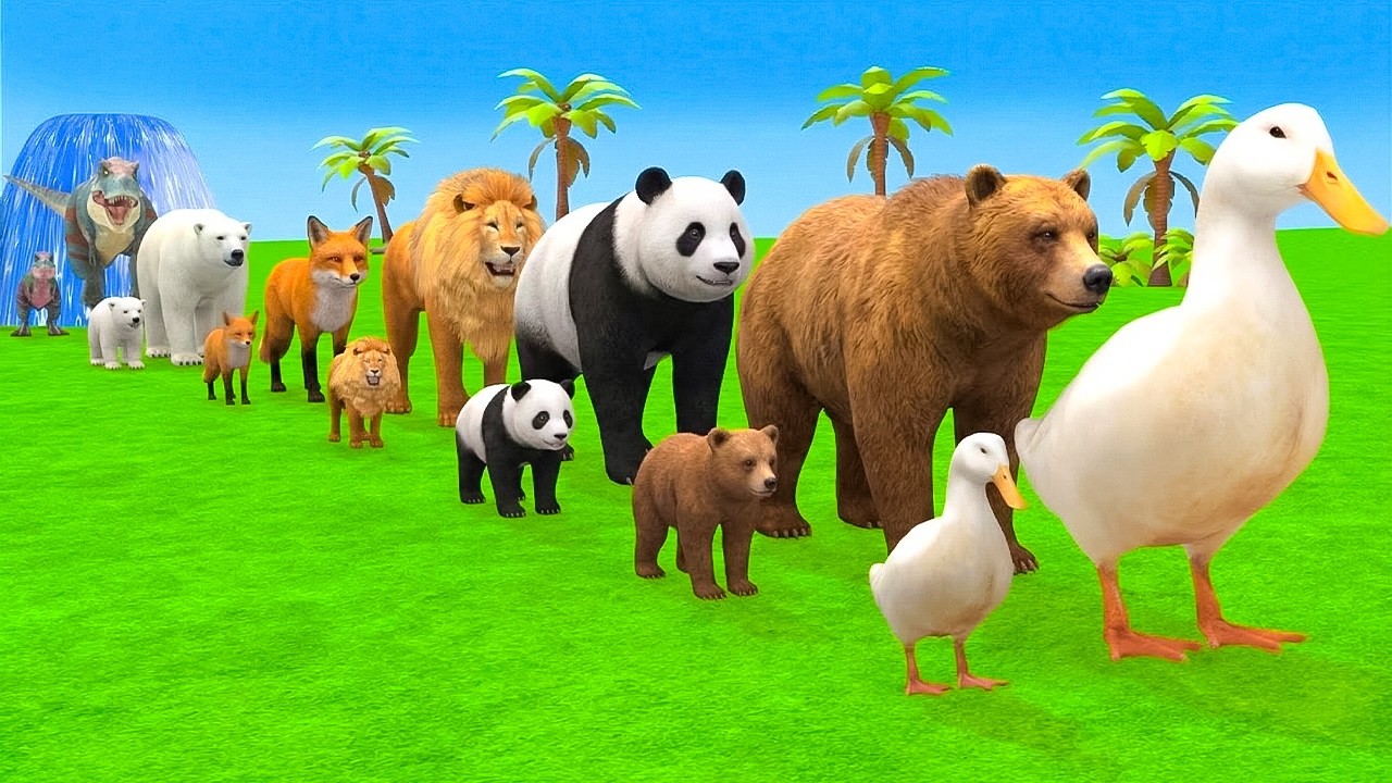 Long Slide Game With Elephant Gorilla Buffalo Hippopotamus Tiger - 3d Animal Game - Funny 3d Animals
