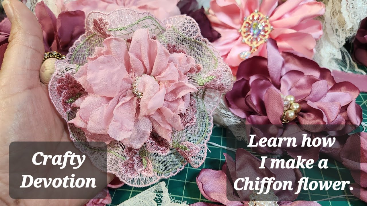 Chiffon and Embroidered Lace Open Rose flower Tutorial. Pink Rose Diy. Shabby chic vintage style