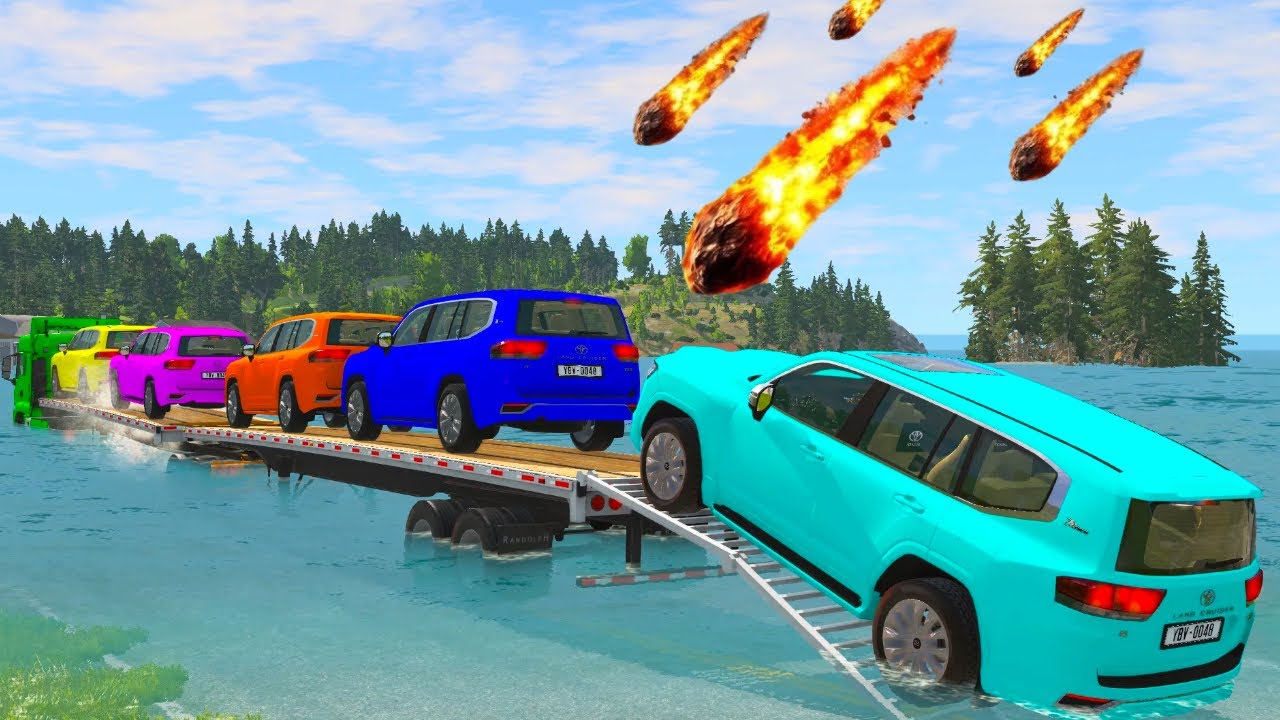 Triple Flatbed Trailer McQueen Transportation with Truck - Speedbumps vs Cars vs Train - BeamNG #15