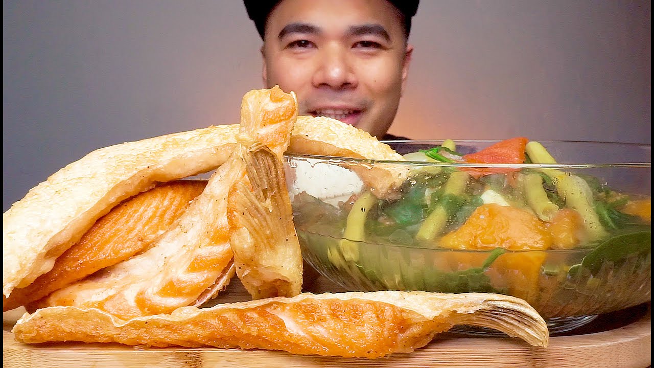 CRISPY FRIED SALMON BELLY | VEGETABALE SOUP | BULANGLANG GULAY | MUKBANG ASMR | ALFIE EATS