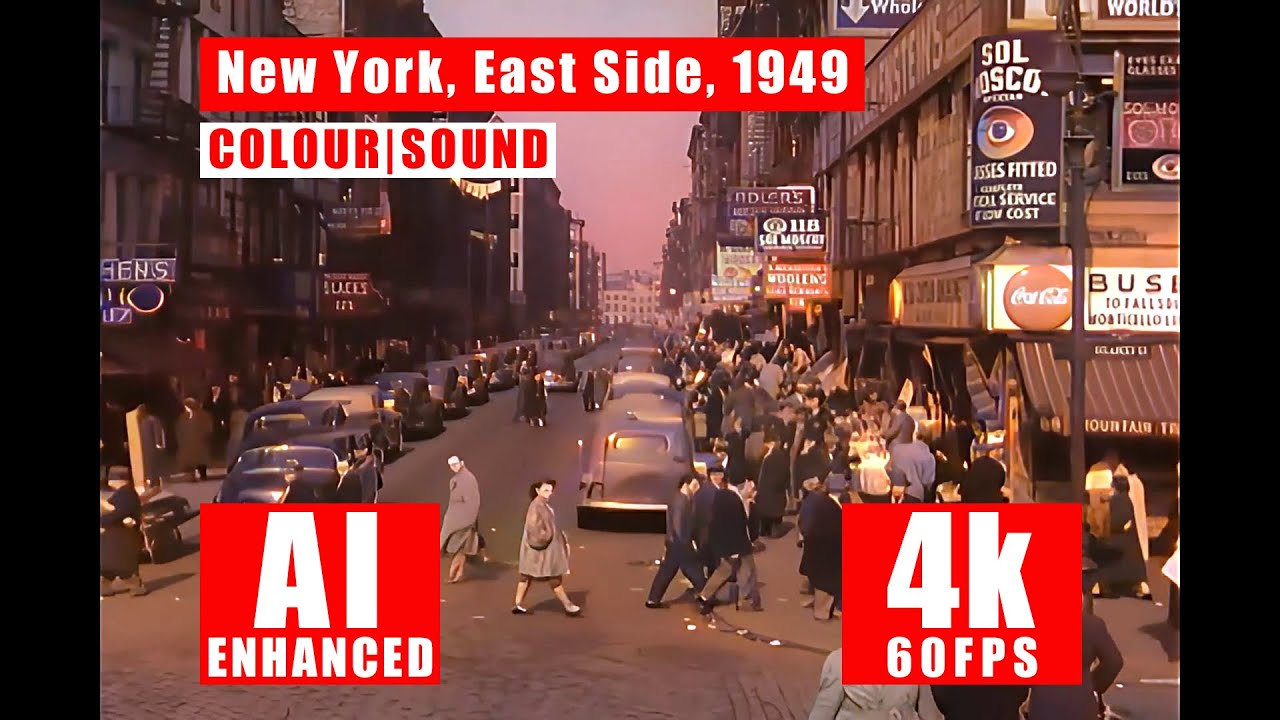 New York, East Side, 9 March 1949. Twilight, AI Enhanced, Colour & Sound, Cleaned, Upscale 4K 60fps