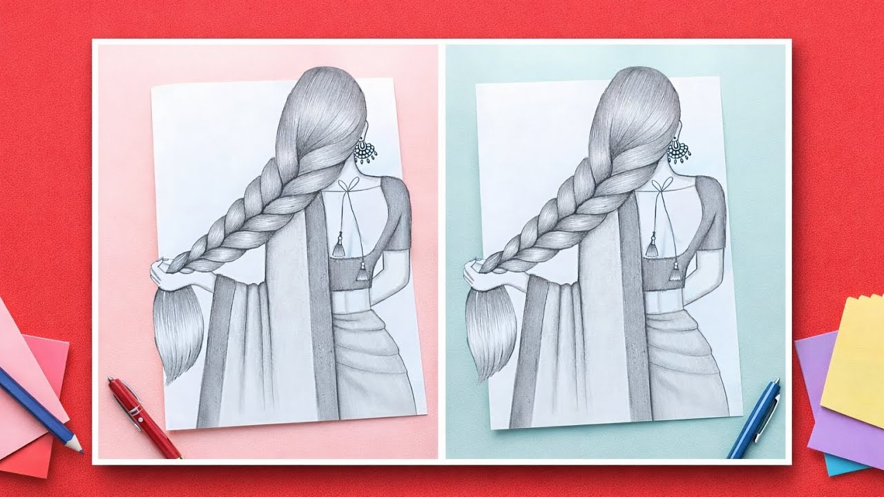 Easy Traditional Girl Back Side Drawing | Simple Pencil Sketch Tutorial #subscribe #viral #drawing 