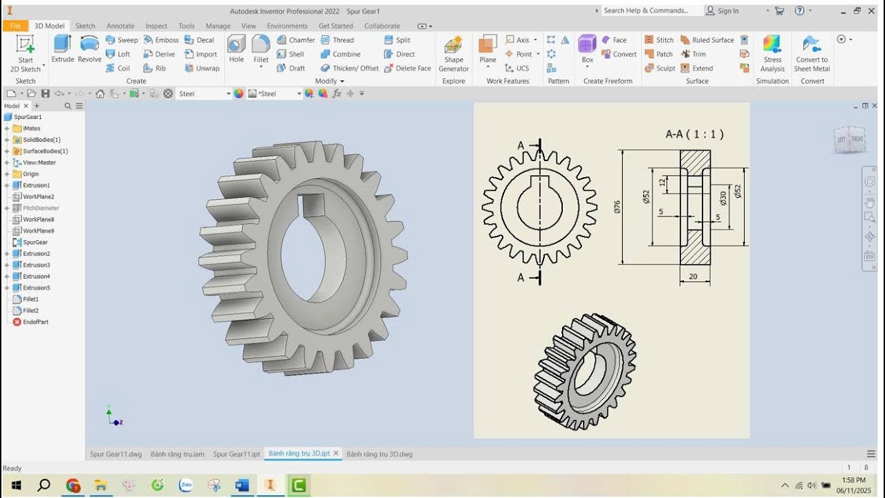 31. Thiết kế bánh răng trụ răng thẳng 2D, 3D trong Inventor - Hướng dẫn tự học INVENTOR 2022