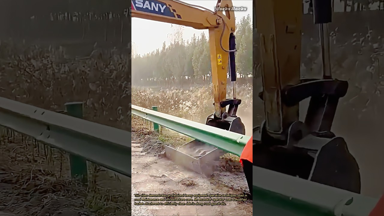 Clever Excavator Guardrail Cleaning #heavyequipment #machinery #excavator #roadwork #satisfying