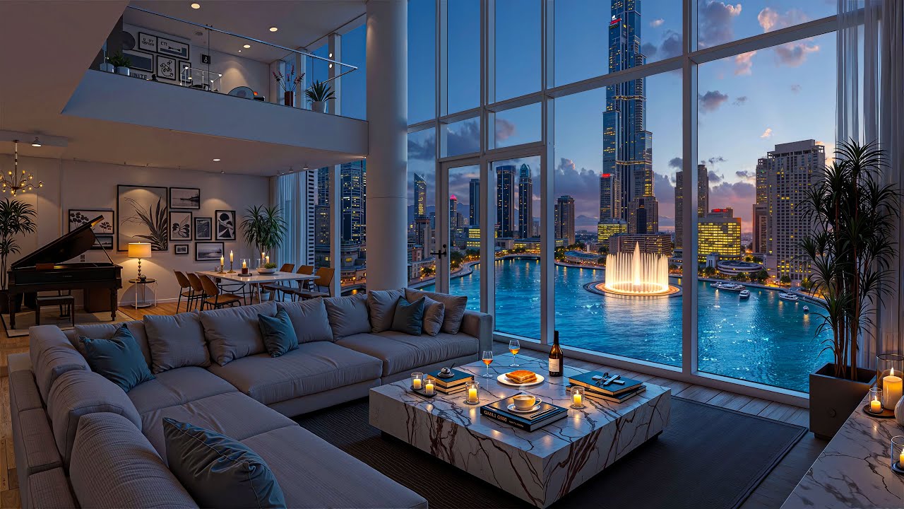 4K Tranquil Cityscape Ambience | Jazz Piano in Luxury Apartment for Stress Relief