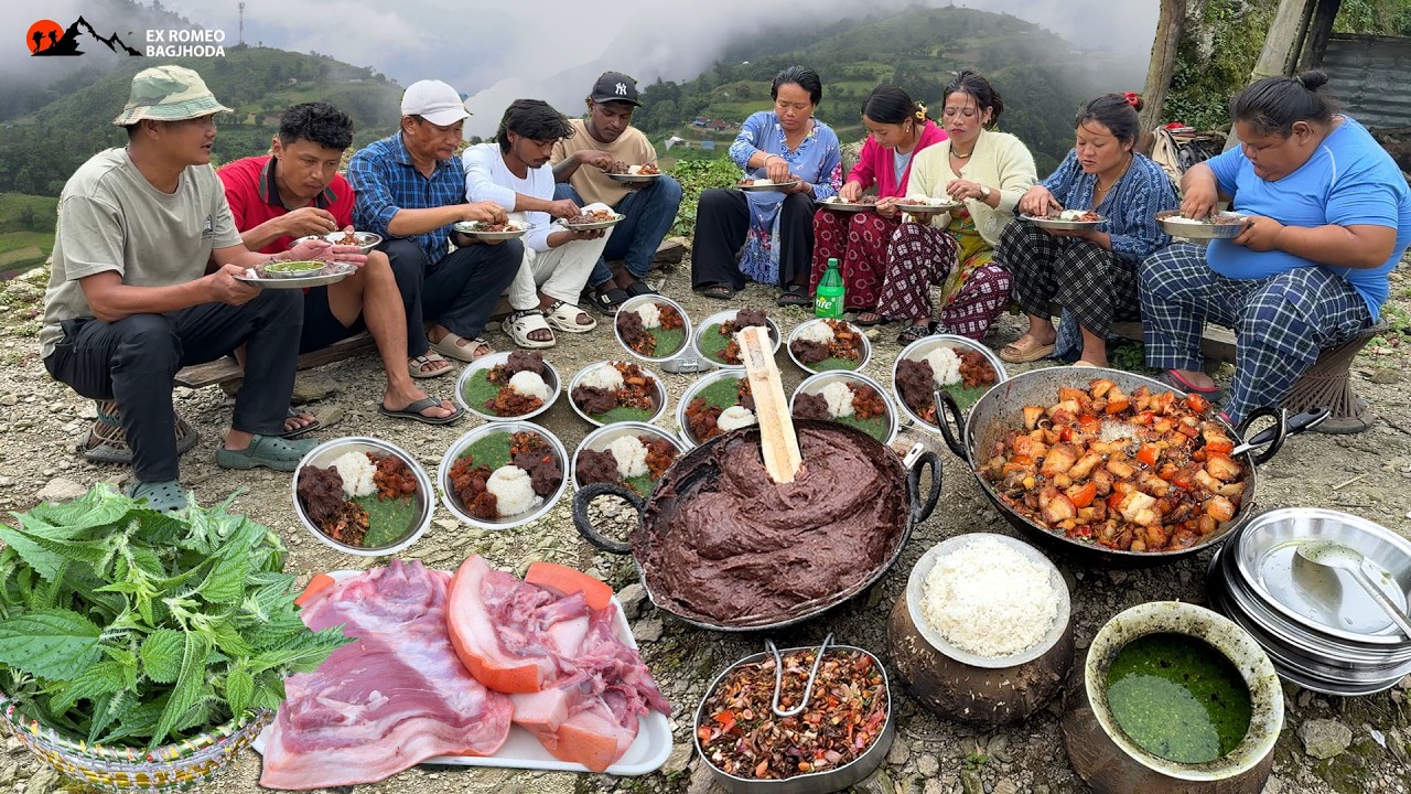 East Nepali Traditional Food Gundruk Dhido Sisnu Bhatmas with Pork Meat and Rice in Organic Village