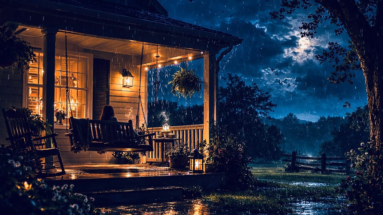 Rain on a Porch Swing at Night |  Cozy Storm Ambience for Sleep & Relaxation (3 Hours)