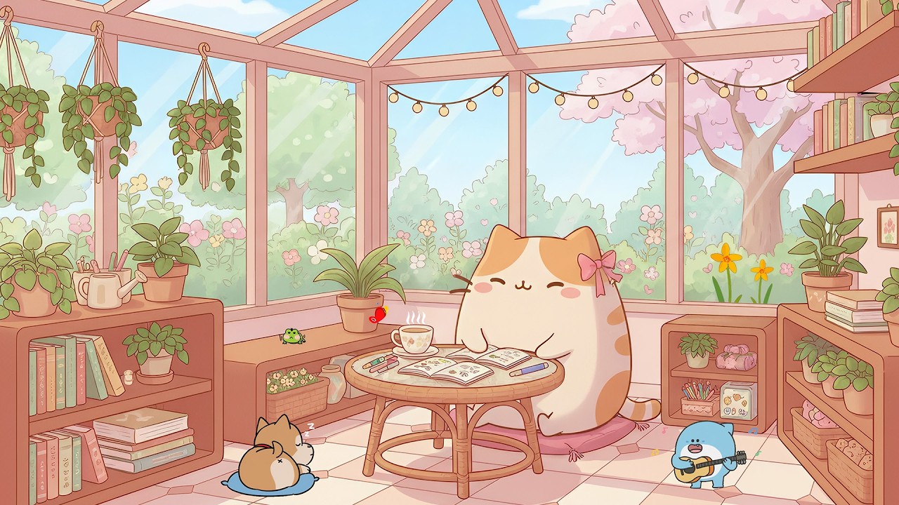 Pusheen’s Sunny Tea Time ☕️ Calm Lofi Beats to Relax / Study to 🌸 Spring Aesthetic Lofi