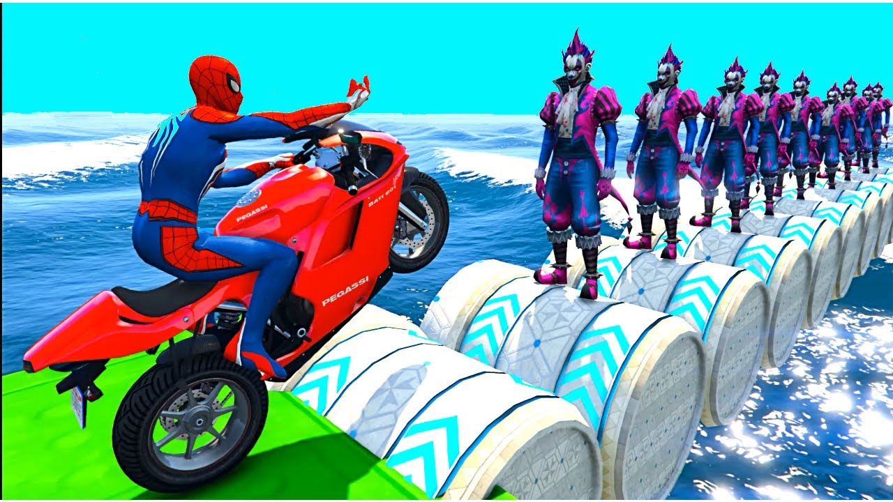 سبايدر مان ينقذ البطل الخارق - Spider-Man Ride on Motorbikes Stunt Funny w SuperHero Moments