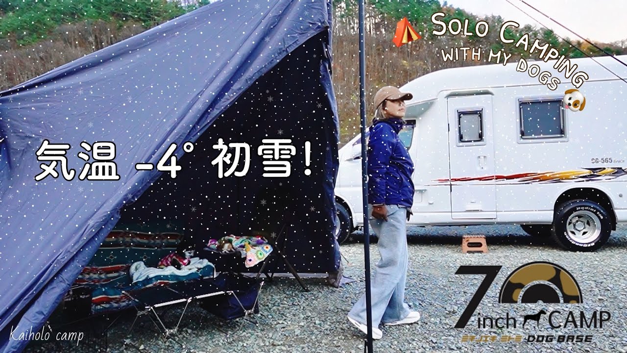 【50代女子ソロキャンプ】ー４° 初雪☃️キャンピングカー｜コードユニット｜7inchCAMP ミチノエキ・ミトミDOGBASE｜Solo camping with my dogs, Vlog［51］