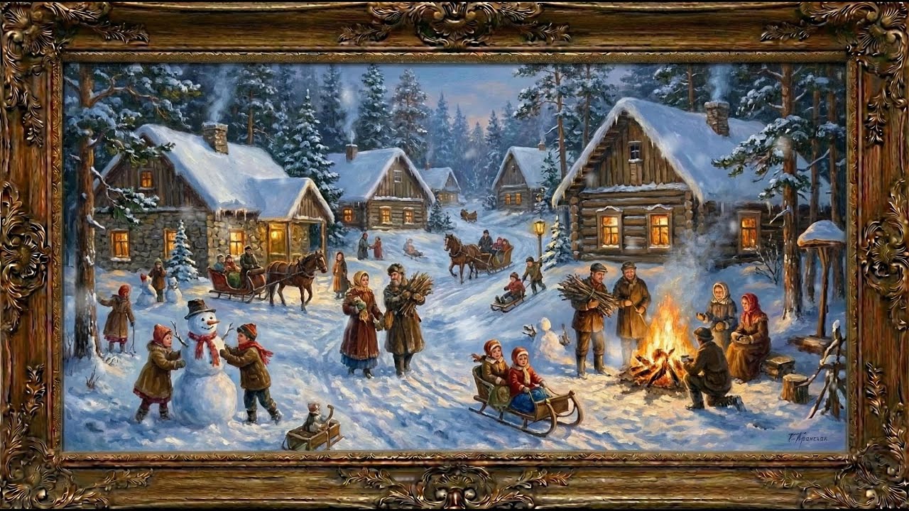 Cozy 4K Winter Village Campfire Piano | Frame TV Art Baroque Frame | Gentle Snow & Music (3 Hours)
