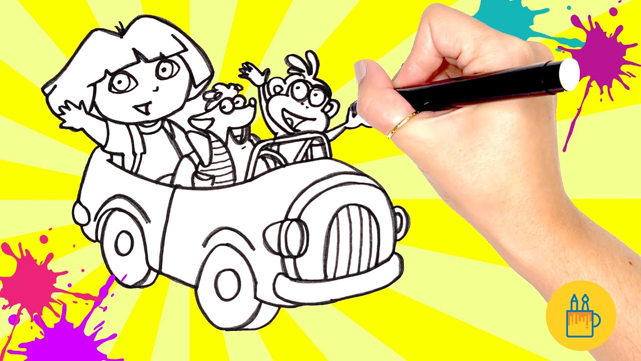 Desenhar e Colorir Dora Aventureira, Tico e Botas em Uma Aventura de Carro 🚗🌟
