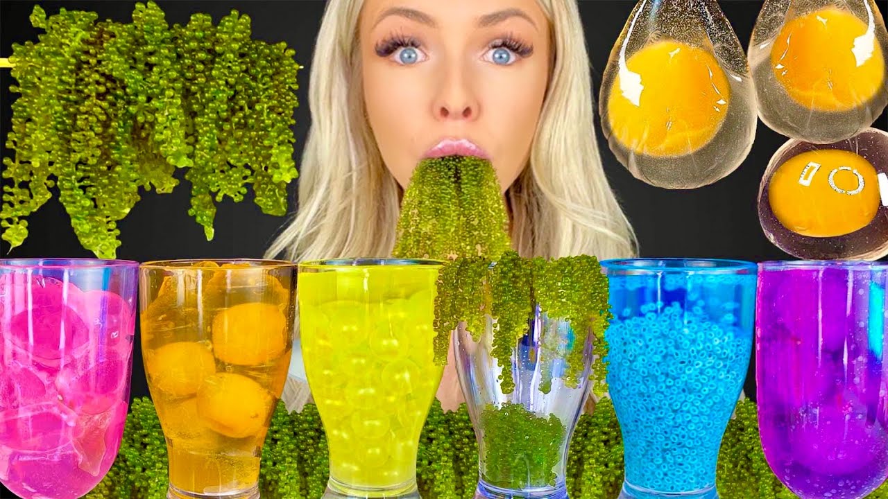 ASMR SEA GRAPES EATING SOUNDS, RAW EGG YOLK EDIBLE WATER BOTTLE, FROG EGGS RAINBOW DRINKS MUKBANG 먹방