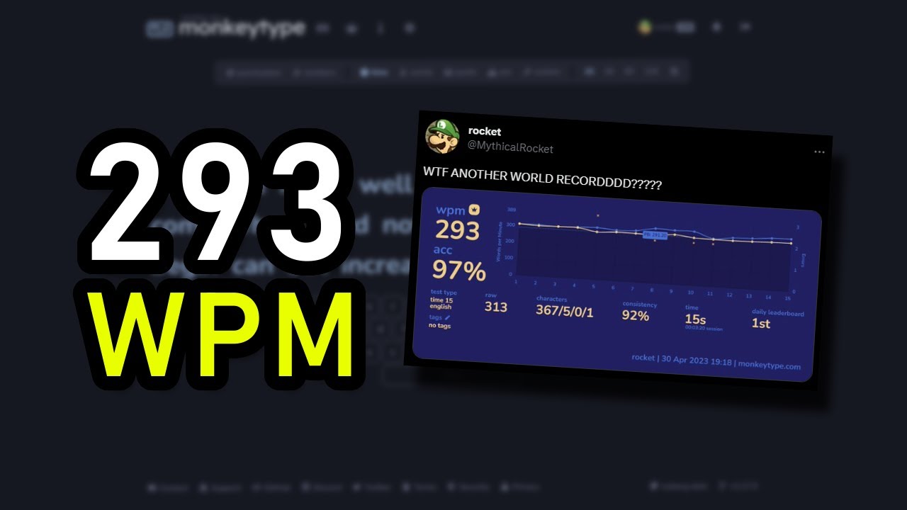 БЫВШИЙ WR - Скорость набора текста 293 слова в минуту в течение 15 секунд (Monkeytype)