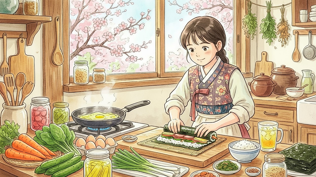 Cherry Blossom Morning in Korea 🌸🍱 | Making Gimbap & Bojagi Wrap ASMR (Ghibli Style) 🌸🌿