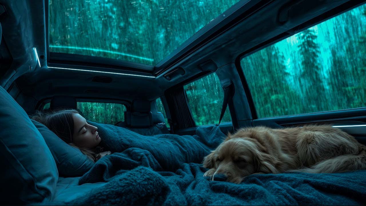 Cozy Rain with Thunder in Car ⛈️ Rain Sounds for Deep Sleep