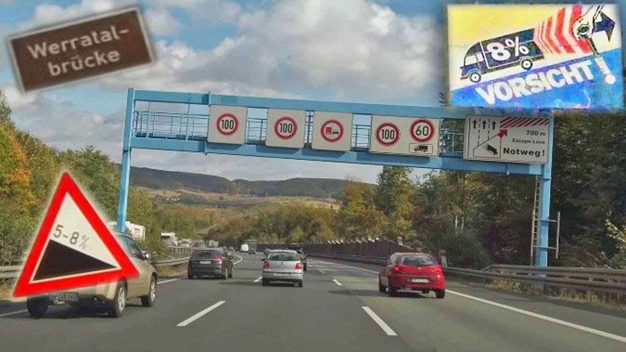 8% Gef&auml;lle auf der Autobahn! Tempolimit bergab! Unterwegs A7 Werratal Hedem&uuml;nden Deutsche Autobahn