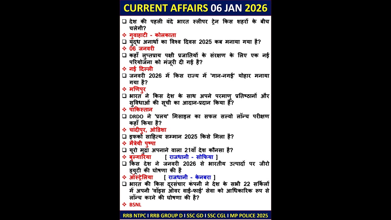 06 JANUARY CURRENT AFFAIRS TODAY CURRENT AFFAIR 2026 NTPC GROUP D 2025 GK 
