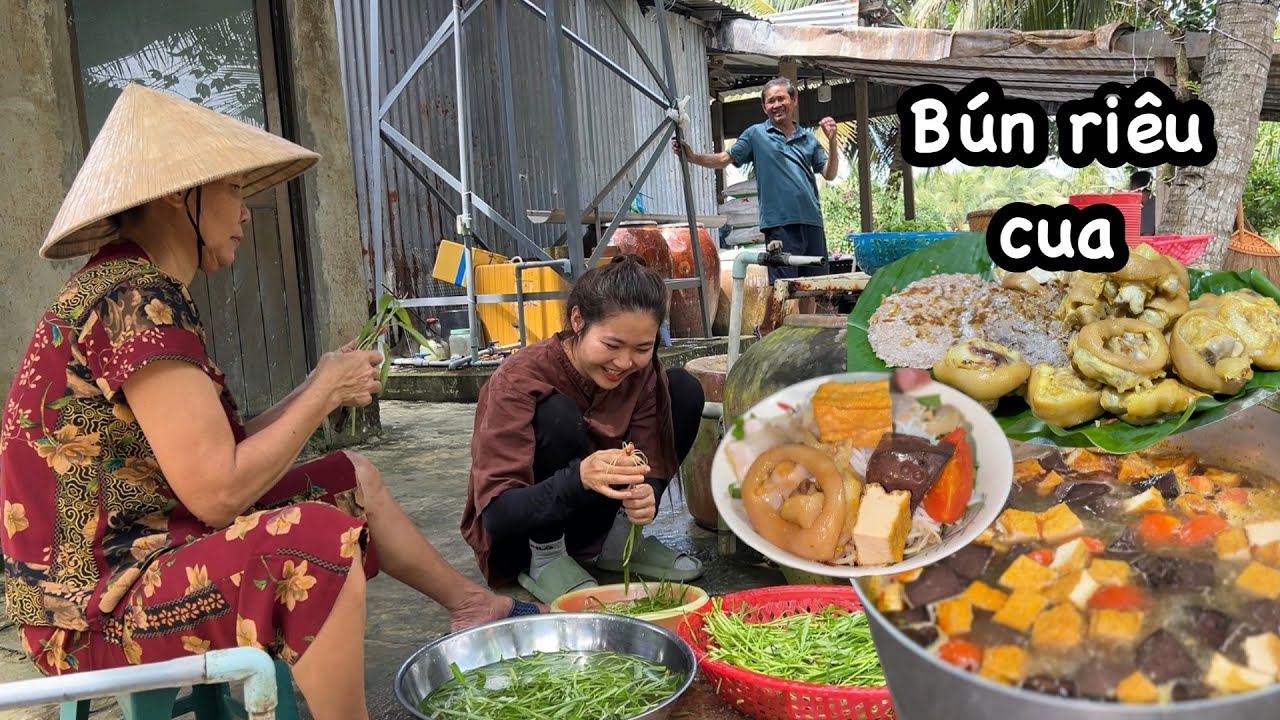 Cha bắt cua nấu nồi BÚN RIÊU CUA ĐỒNG ăn với rau vườn. Mẹ tập đi lại bình thường…