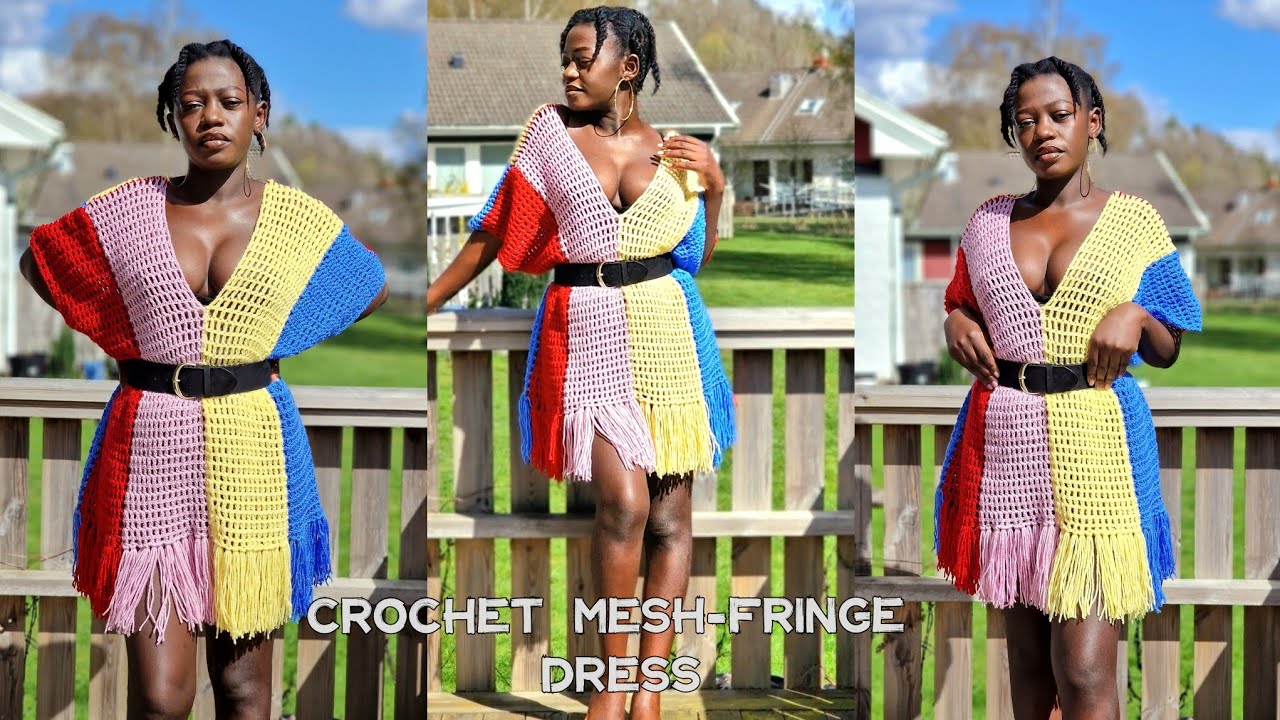 How to crochet a Super Easy Oversize Crochet mesh dress with a fringe cover up. Pattern Tutorial