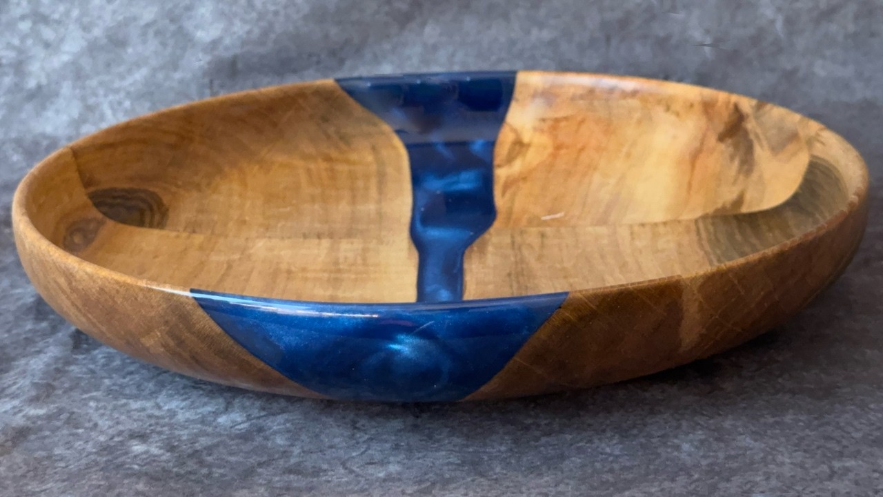 Blue Epoxy River Bowl on the Lathe