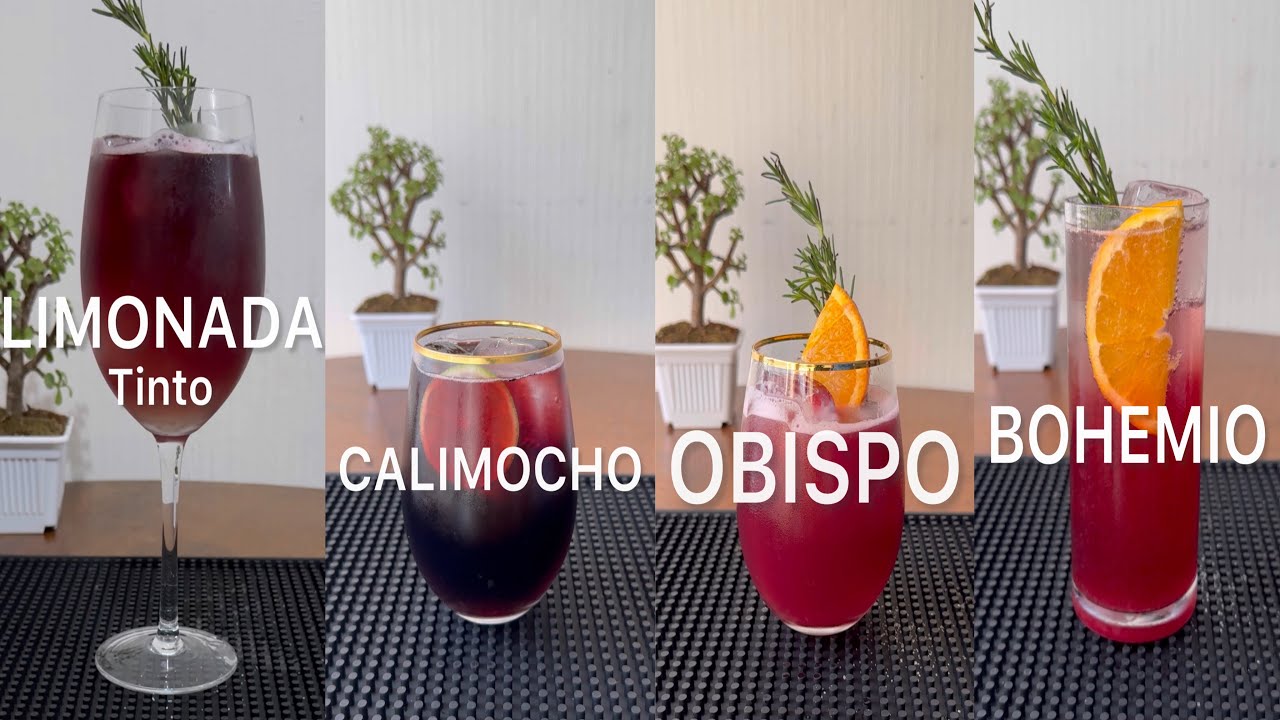 4 COCTELES CON VINO TINTO, RICOS Y DELICIOSOS. BOHEMIO, OBISPO, CALIMOCHO Y LIMONADA TINTO.