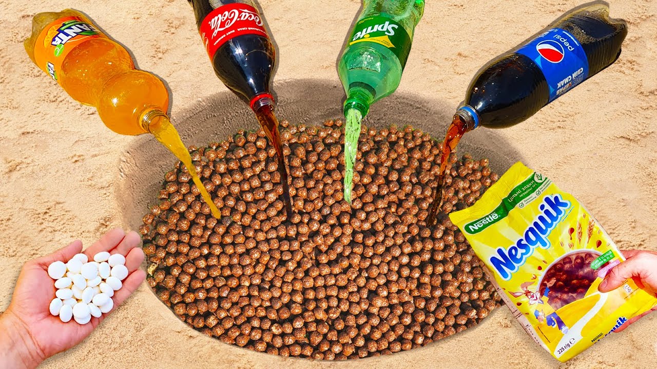 Experiment! Coca-Cola, Pepsi, Fanta, Sprite gegen Nesquik, Mentos unter Tage
