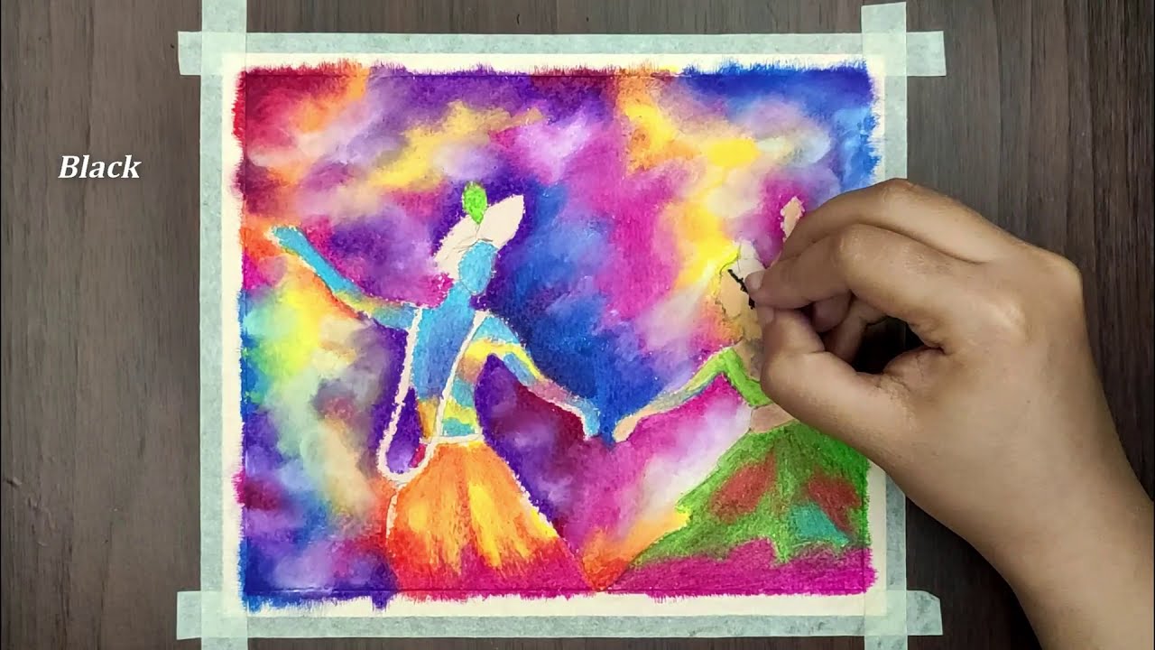 Easy! Radha Krishna Holi Festival Drawing with Oil Pastel for Beginners - STEP by STEP