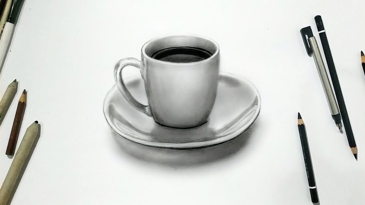 Lukisan 3D Gelas kopi dengan Pensil sangat simple