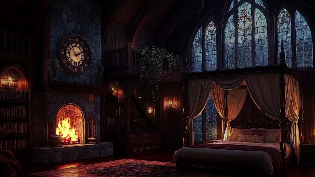 🌙 Soft Rain Outside a Cozy Bedroom with Fireplace at Night | Window Raindrops | Sleep & Focus