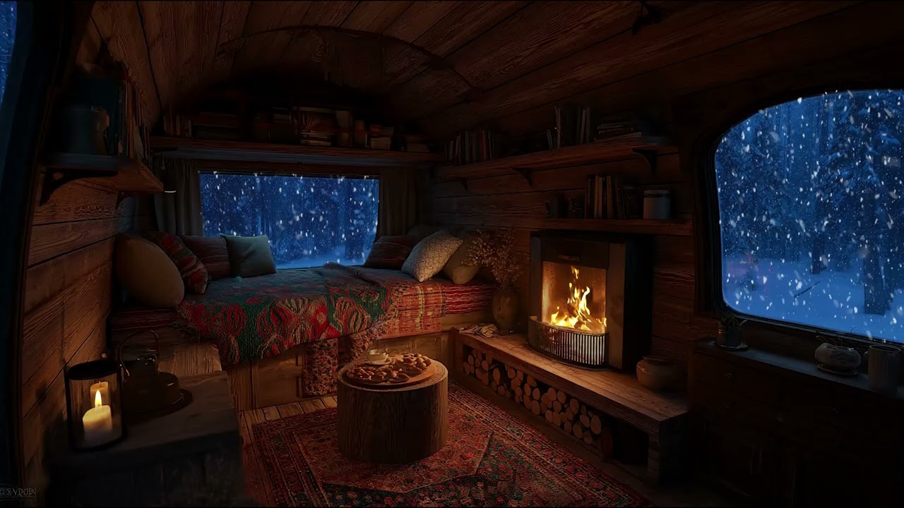 Fall asleep fast with snowstorm winds and crackling fireplace sounds | Cozy winter sleep ambience!!