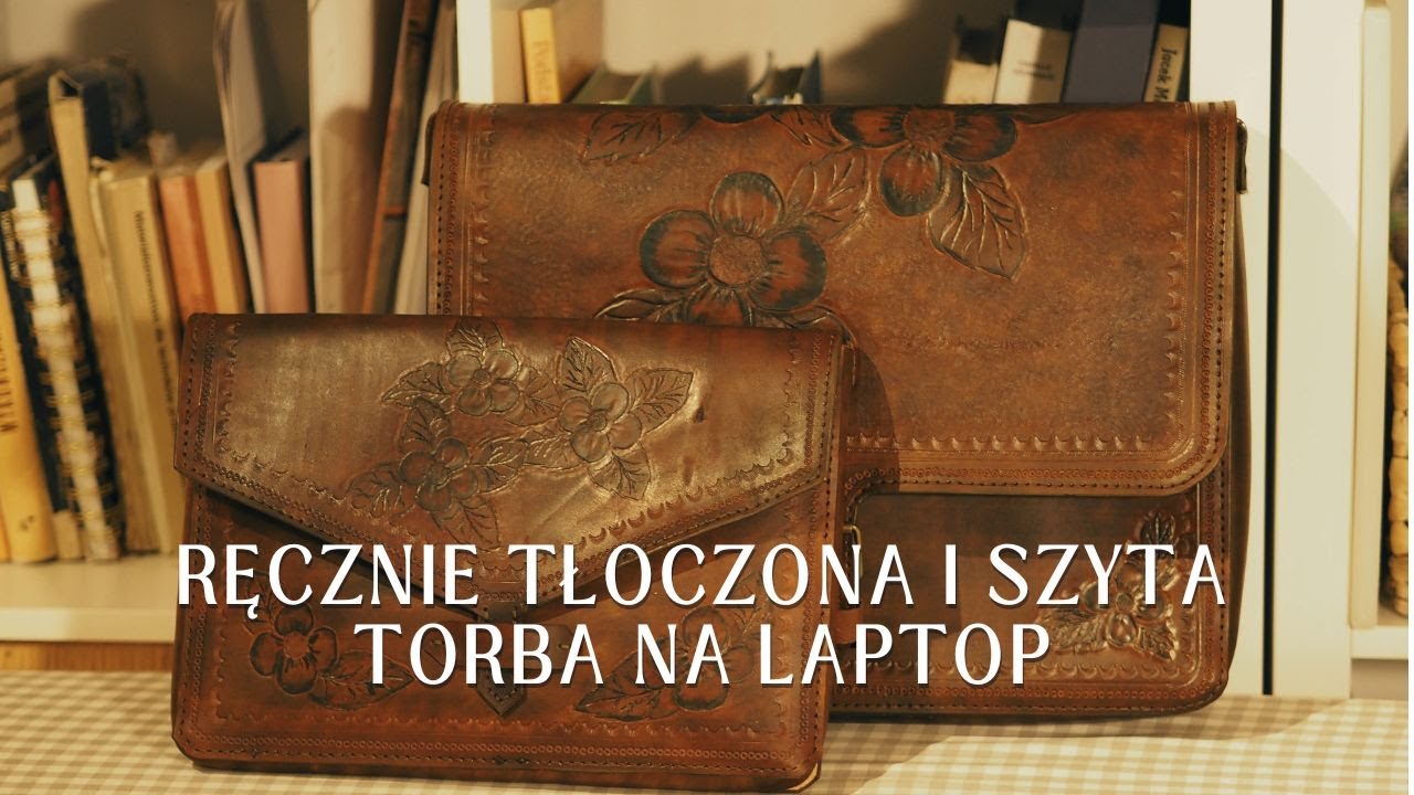 Torba na laptopa ze skóry naturalnej z tłoczeniami szyta ręcznie