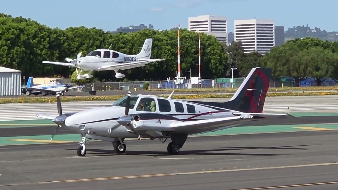 Beechcraft Barron G58 Runup And Takeoff at Santa Monica KSMO in front of Tom Cruise's  P-51 Hangar
