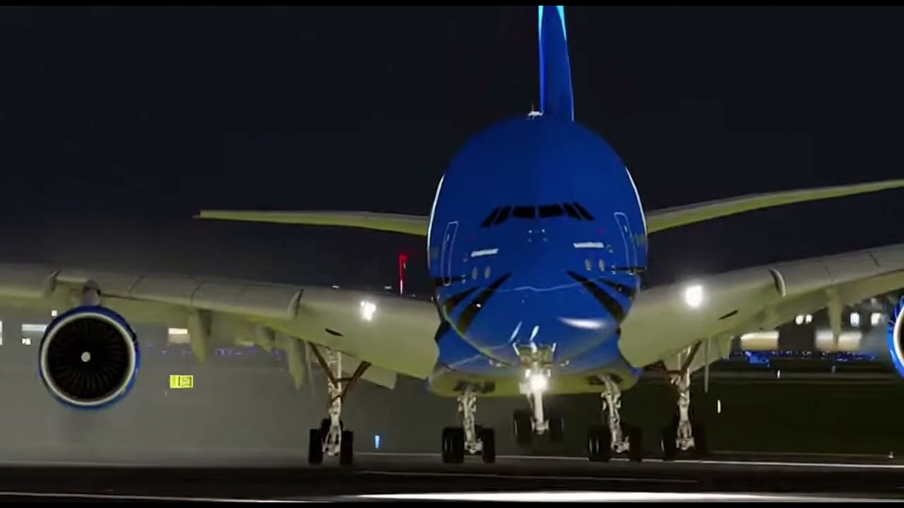 Esse Airbus A380 Azul com Logo de Dinossauro é Insano! Pouso Noturno Impressionante