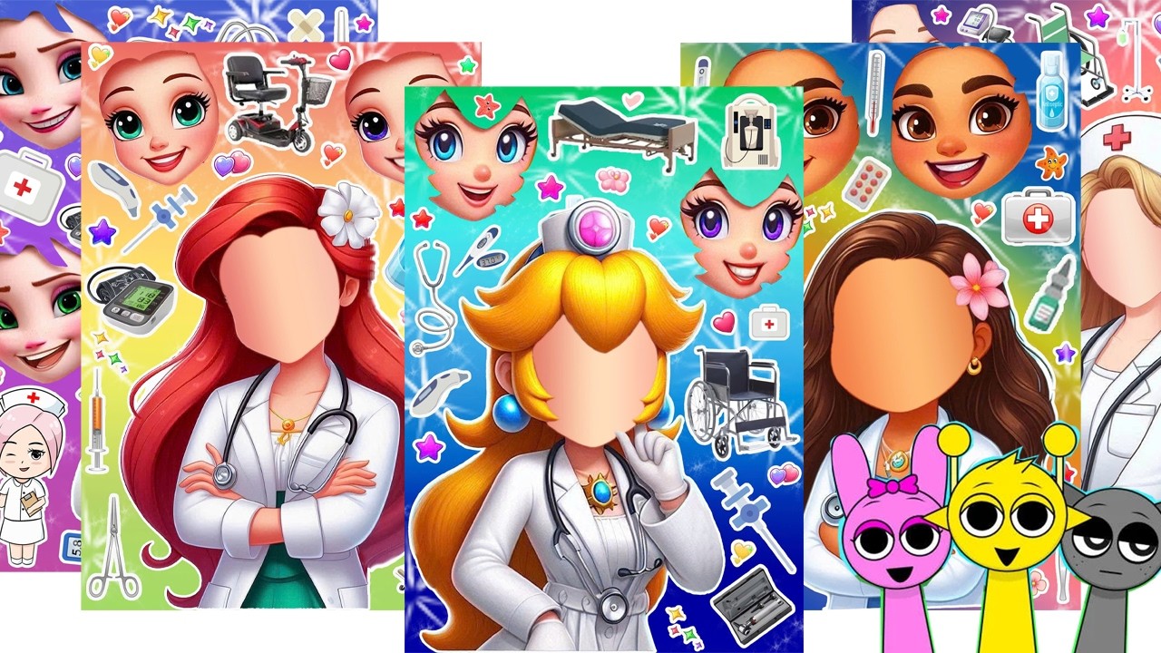 ディズニープリンセス DIY Frozen Sticker Book Disney Princess Peach Elsa, Ariel in Doctor Fashion! #エルサ