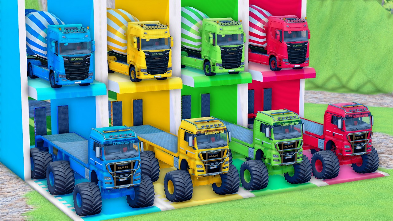 TRANSPORTING DOUBLE FLATBED TRAILER TRUCK, ALL MIXER TRUCK and POLICE CAR! MAN, SCANIA, IVECO - FS22