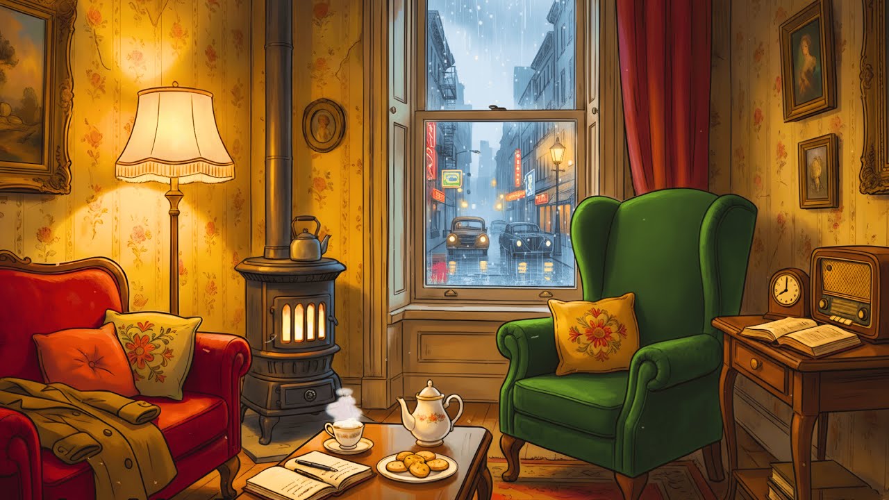 Relaxing Snowfall in New York City in a Cozy Apartment with Oldies Music Playing in Another Room