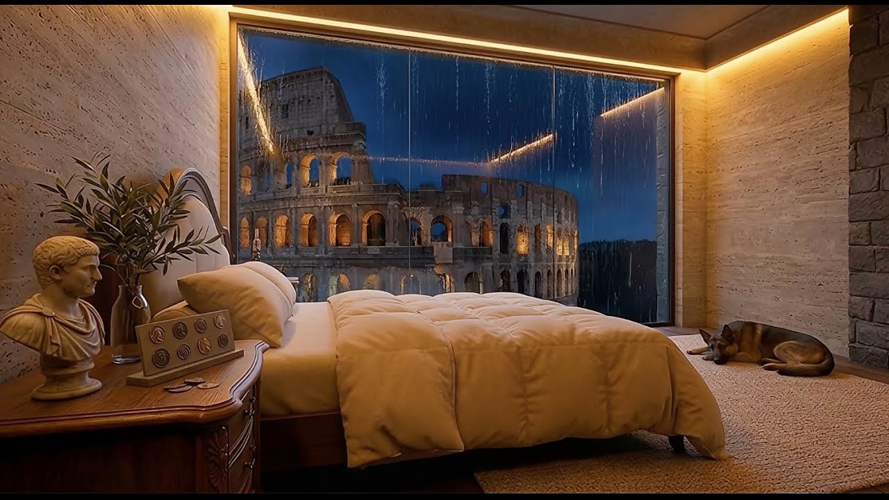 Tonight You Sleep in Rome Colosseum View — Heavy Rain on Glass for Deep Sleep (No Thunder)