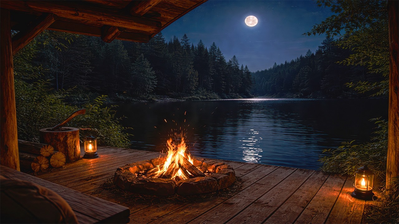 Lakeside Fireplace at Night   4K ASMR Crackling Fire for Sleep & Study