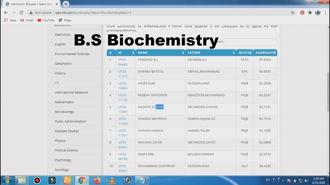 Quaid-e-Azam University | B.S Biochemistry 3rd Merit List 2020