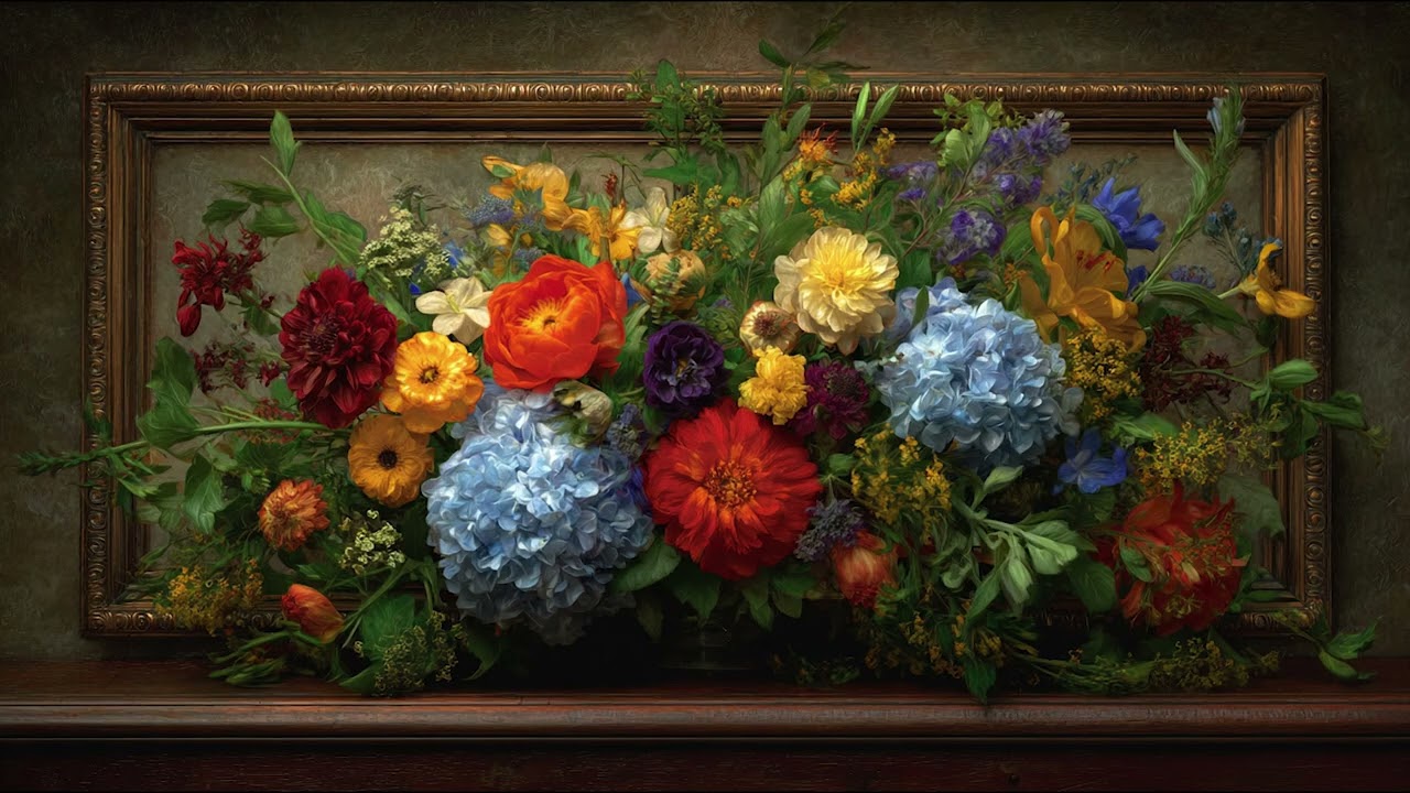 Vintage Floral Still Life Painting | Colorful Flowers in Gold Frame | Elegant TV Art Screensaver