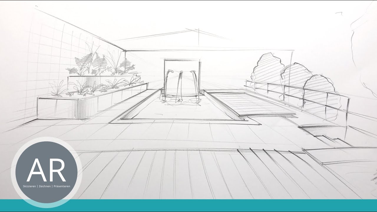 Architektur in 1-Punkt-Perspektive zeichnen. Architektur Mappenkurs Landschaftsarchitektur studieren